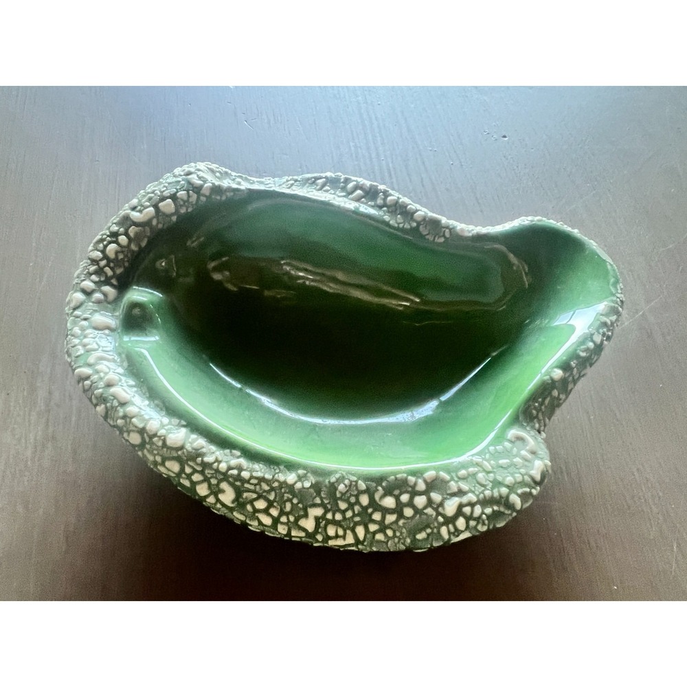 Vintage Gilner Green Drip‎ Glaze Ashtray Textured Pebble Rim Mid Century Ceramic